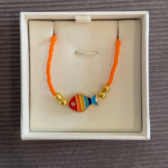 Jewelry - Orange Beaded Necklace with Multicolor Fish Accent
